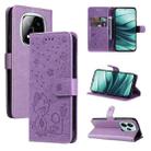 For Redmi Note 14 5G Cat and Bee Embossed Flip Leather Phone Case(Purple) - 1