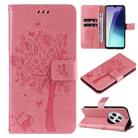 For Redmi 14C 4G Global Tree & Cat Embossed Pattern Flip Leather Phone Case(Pink) - 1