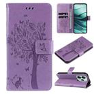 For Redmi Note 14 5G Tree & Cat Embossed Pattern Flip Leather Phone Case(Light Purple) - 1