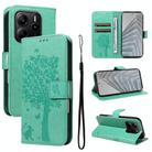 For Redmi Note 14 4G Global 163.25mm Tree & Cat Embossed Pattern Flip Leather Phone Case(Green) - 1