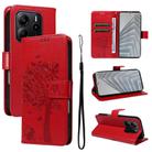 For Redmi Note 14 4G Global 163.25mm Tree & Cat Embossed Pattern Flip Leather Phone Case(Red) - 1
