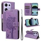 For Redmi Note 14S 4G / Note 13 Pro 4G Tree & Cat Embossed Pattern Flip Leather Phone Case(Light Purple) - 1
