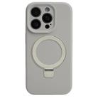 For iPhone 15 Pro Precision Hole Liquid Silicone MagSafe Metal Ring Holder Phone Case(Rock Grey) - 1