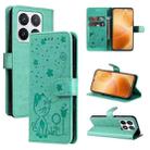 For Xiaomi 14T Pro Cat and Bee Embossed Flip Leather Phone Case(Green) - 1