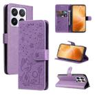 For Xiaomi 14T Pro Cat and Bee Embossed Flip Leather Phone Case(Purple) - 1