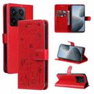 For Xiaomi 14T Cat and Bee Embossed Flip Leather Phone Case(Red) - 1