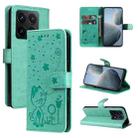 For Xiaomi 14T Cat and Bee Embossed Flip Leather Phone Case(Green) - 1