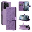 For Xiaomi 14T Cat and Bee Embossed Flip Leather Phone Case(Purple) - 1