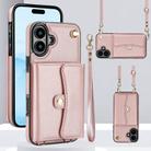 For iPhone 16 Plus RFID Card Slot Phone Case with Long Lanyard(Rose Gold) - 1