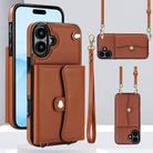 For iPhone 16 Plus RFID Card Slot Phone Case with Long Lanyard(Brown) - 1