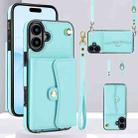 For iPhone 16 RFID Card Slot Phone Case with Long Lanyard(Mint Green) - 1