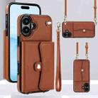 For iPhone 16 RFID Card Slot Phone Case with Long Lanyard(Brown) - 1