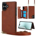 For iPhone 16 Cross-body Square Dual-Buckle Card Flip Wallet Phone Case(Brown) - 1