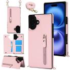 For iPhone 16 Plus Cross-body Zipper Square Phone Case(Pink) - 1