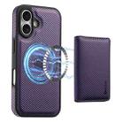 For iPhone 16 Plus Denior Carbon Fiber Texture Leather Card Bag MagSafe Phone Case(Purple) - 1