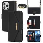 For iPhone 16 Pro Max Cross Texture Crossbody Lanyard Leather Phone Case(Black) - 1