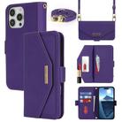 For iPhone 16 Pro Max Cross Texture Crossbody Lanyard Leather Phone Case(Purple) - 1