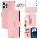 For iPhone 16 Pro Max Cross Texture Crossbody Lanyard Leather Phone Case(Pink) - 1