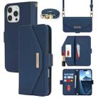 For iPhone 16 Pro Cross Texture Crossbody Lanyard Leather Phone Case(Blue) - 1