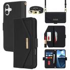 For iPhone 16 Plus Cross Texture Crossbody Lanyard Leather Phone Case(Black) - 1