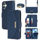 For iPhone 16 Plus Cross Texture Crossbody Lanyard Leather Phone Case(Blue) - 1