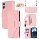 For iPhone 16 Plus Cross Texture Crossbody Lanyard Leather Phone Case(Pink) - 1