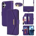 For iPhone 16 Cross Texture Crossbody Lanyard Leather Phone Case(Purple) - 1