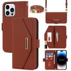 For iPhone 15 Pro Max Cross Texture Crossbody Lanyard Leather Phone Case(Brown) - 1