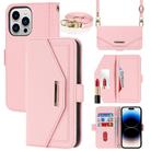 For iPhone 15 Pro Cross Texture Crossbody Lanyard Leather Phone Case(Pink) - 1