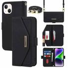 For iPhone 15 Plus Cross Texture Crossbody Lanyard Leather Phone Case(Black) - 1