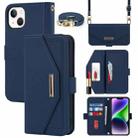 For iPhone 15 Plus Cross Texture Crossbody Lanyard Leather Phone Case(Blue) - 1