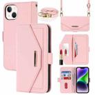 For iPhone 15 Plus Cross Texture Crossbody Lanyard Leather Phone Case(Pink) - 1