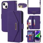 For iPhone 15 Cross Texture Crossbody Lanyard Leather Phone Case(Purple) - 1