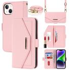 For iPhone 15 Cross Texture Crossbody Lanyard Leather Phone Case(Pink) - 1