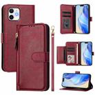 For iPhone 12 / 12 Pro Multi-Card Slots Zipper Wallet Leather Phone Case(Dark Red) - 1