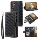 For Samsung Galaxy S25 Ultra 5G Grid Texture Zipper Leather Phone Case with Lanyard(Black) - 1
