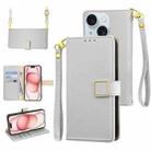 For iPhone 15 Plus Crossbody Litchi Texture Square Buckle Leather Phone Case(Silver) - 1