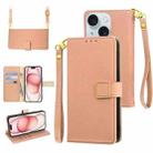 For iPhone 15 Crossbody Litchi Texture Square Buckle Leather Phone Case(Rose Gold) - 1