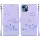 For iPhone 15 Plus Cute Cats RFID Leather Phone Case(Purple) - 1