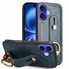 For iPhone 16 Plus Wristband Leather Back Phone Case(Blue) - 1