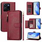 For vivo Y35 4G / Y22s 4G / Y22 4G Global Multi-Card Slots Zipper Wallet Leather Phone Case(Dark Red) - 1