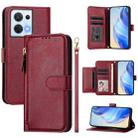 For OPPO Reno8 5G Multi-Card Slots Zipper Wallet Leather Phone Case(Dark Red) - 1