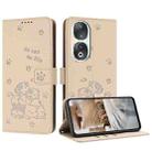 For Honor 90 Embossed Kitten Phone Leather Case with Lanyard(Beige) - 1