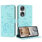 For Honor 90 Embossed Kitten Phone Leather Case with Lanyard(Mint Green) - 1