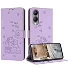 For vivo Y17s Global / Y36i 5G Embossed Kitten Phone Leather Case with Lanyard(Purple) - 1