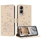 For vivo Y17s Global / Y36i 5G Embossed Kitten Phone Leather Case with Lanyard(Beige) - 1