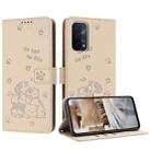 For OnePlus Nord N200 5G Embossed Kitten Phone Leather Case with Lanyard(Beige) - 1