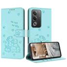 For OPPO A3 Pro India / Global Embossed Kitten Phone Leather Case with Lanyard(Mint Green) - 1