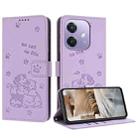 For OPPO A3x 5G India / A3 4G Embossed Kitten Phone Leather Case with Lanyard(Purple) - 1