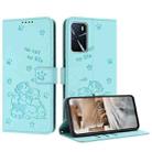 For OPPO A16 / A16s / A54s Embossed Kitten Phone Leather Case with Lanyard(Mint Green) - 1